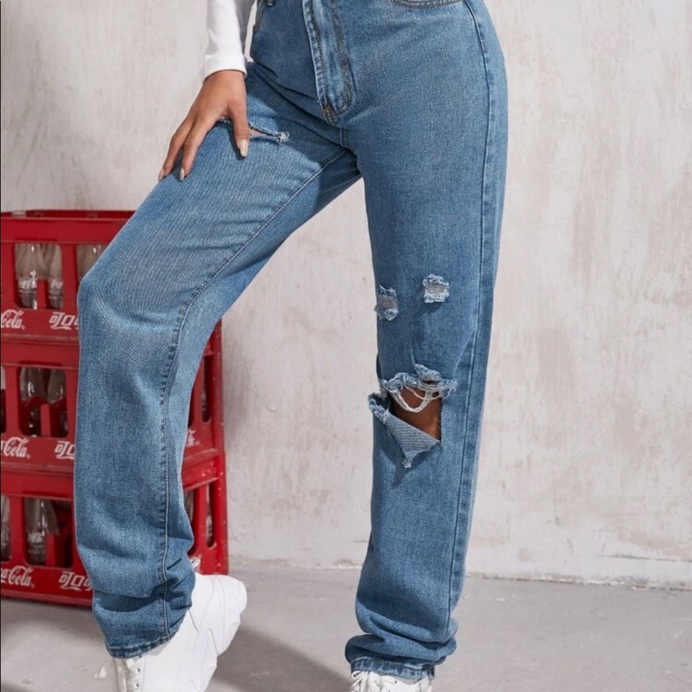 High Waist Ripped Boyfriend Jeans
